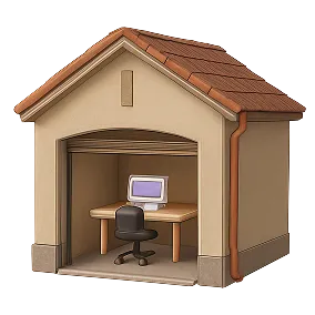 Интерьер небольшого дома с компьютером на письменном столе, иллюстрирующий уютное рабочее пространство.